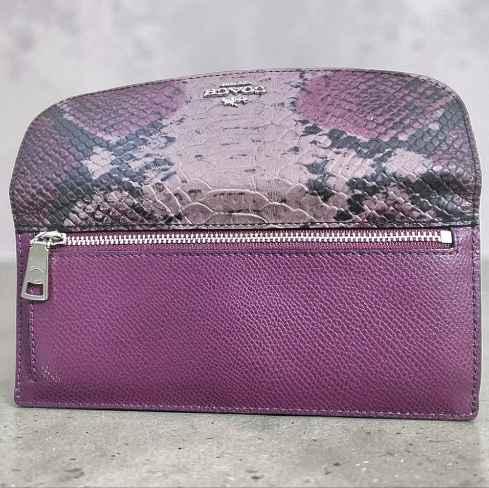 COACH Python Embossed Leather Continental Long Wallet Plum Purple Exotic Flap - Picture 3 of 14